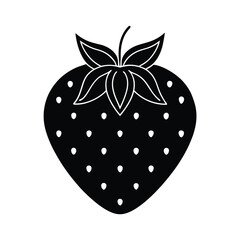 Black and white vector illustration of a ripe strawberry with stylized leaves isolated on white background