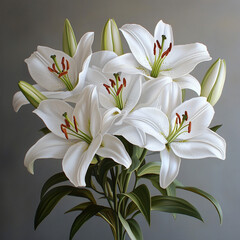 Fototapeta premium A bouquet of white lilies sits on a grey background. The flowers are the main focus of the image, and they appear to be the most vibrant and beautiful ... See More