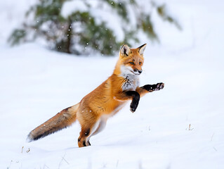 Obraz premium Red Fox Sitting in a Snowy Winter Landscape with Evergreen Trees