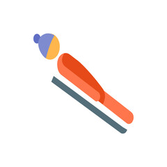 A stylized depiction of a ski jumper in mid air with a blue and yellow hat and orange suit on skis sliding down