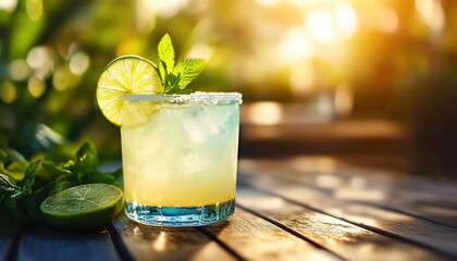 A margarita with salted rim, lime, and mint on a wooden table.