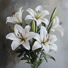 Fototapeta premium A bouquet of white lilies sits on a grey background. The flowers are the main focus of the image, and they appear to be the most vibrant and beautiful ... See More