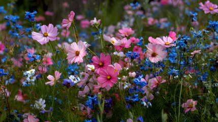 Painted meadow of pink and blue cosmos wildflowers