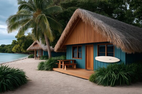 Surf shacks in tropical jungle beachfront retreat nature photography island vibe relaxation concept