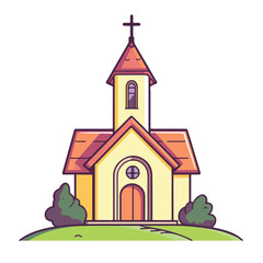 Naklejka premium Cute Cartoon Church Illustration With Cross On Top Standing On A Green Hill With Bushes