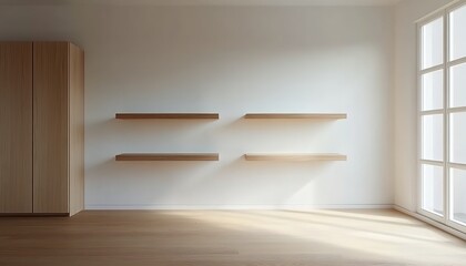 Three light wooden floating shelves on a white wall in a minimalist room with wooden floors and a cabinet.