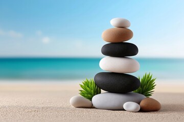 Zen stone balance art on white sand beach tranquil seaside nature photography