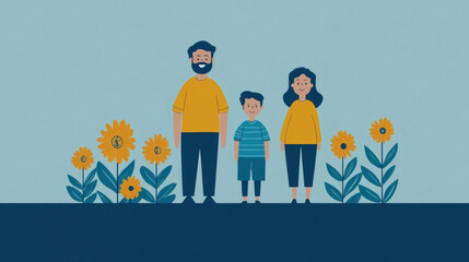 Fototapeta premium Happy family illustration father mother and son with floral elements