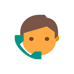 Illustration of a person with brown hair and an orange face holding a teal telephone receiver to their ear