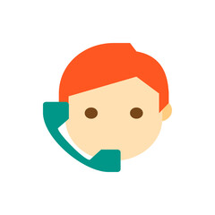Illustration of a person with orange hair holding a green telephone receiver to their ear on white background