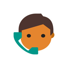 Illustration of a person with brown hair and orange skin holding a teal telephone receiver to their ear
