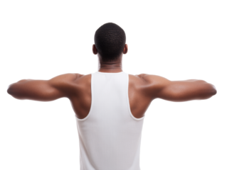 Strong man with outstretched arms expressing confidence and power on a transparent background, cut out