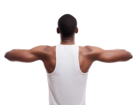 Strong man with outstretched arms expressing confidence and power on a transparent background, cut out
