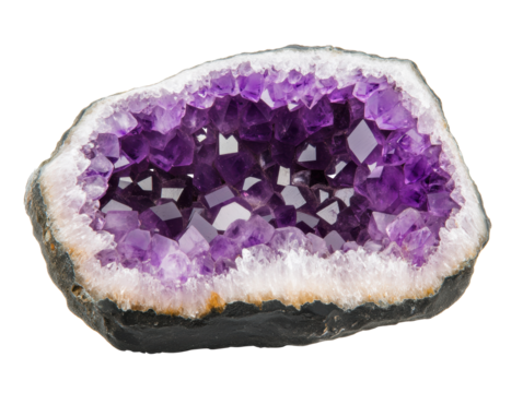 Purple amethyst geode crystal with unique interior formations on a transparent background, cut out