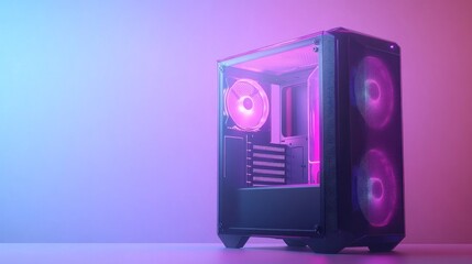 High-tech PC case, illuminated by vibrant hues