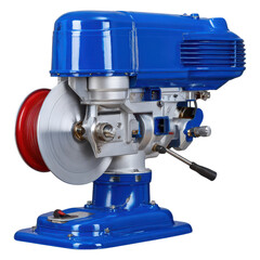 Industrial Blue Metal Cutting Machine with Circular Blade Powerful Engine and Red Pulley A Close Up Studio Shot