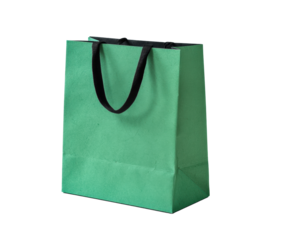 Green paper shopping bag with black handles for eco-friendly shopping on a transparent background, cut out