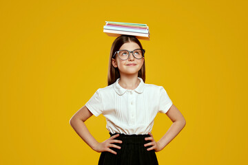 Cheerful kid wearing school uniform and glasses confidently balancing a stack of books on her head...