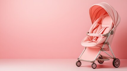 An elegant and lightweight pink baby stroller showcased beautifully with a matching soft background, representing modern parenting combined with stylish practicality.