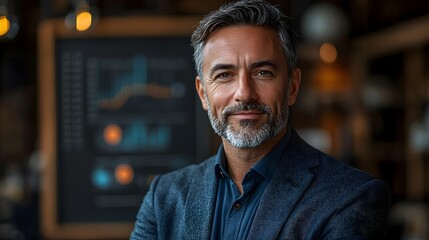 Fototapeta premium Strategic CEO standing confidently beside digital business dashboard