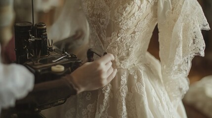 A close-up of a sewing machine eedle stitching through fabric, hands working with precision, soft lighting casting gentle shadows,