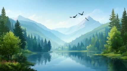 Serene mountain lake landscape with forest, reflections, and flying birds