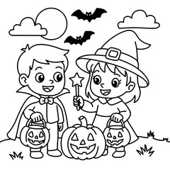 Cute little witch with pumpkin bucket and magic wand on a Halloween coloring page. Fun line art illustration for kids with bats, ghost, jack-o’-lanterns, and full moon.
