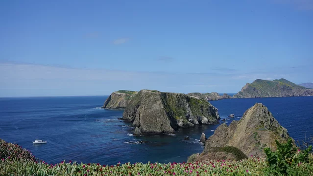 View of Anacapa Islands projecting out of blue pacific ocean off the coast of California