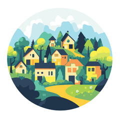Cheerful Village Illustration With Colorful Houses Trees And Mountains In Cartoon Style Circular Design