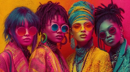 Obraz premium Group of fashionable women dressed in punk style. They wear bright makeup, accessories, hairstyles in a retro 80s aesthetic. Pop art, glamour, neon and hipster styles meet in colorful, trendy look.