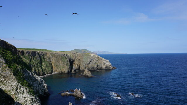 Rocky cliffs of Anacapa Island in the Channel Islands of California rising from blue ocean on a sunny day with flying birds