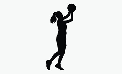 woman basketball silhouette, female athlete jump, layup shot pose, black white player