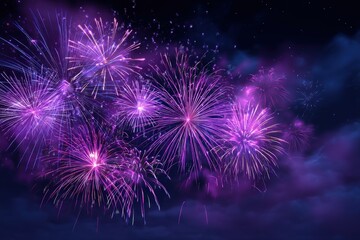Vibrant purple fireworks illuminate the night sky.