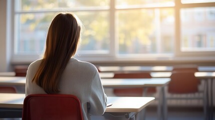 Soft focus image of a teacher sitting at a desk by the window with bright daylight in a quiet classroom