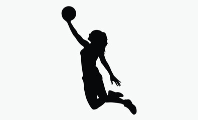woman basketball silhouette, female athlete jump, layup shot pose, black white player