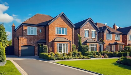 Two red-brick semi-detached houses with pitched roofs, chimneys, and manicured hedges under clear blue sky.