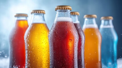An assortment of vivid, chilled soft drink bottles arranged aesthetically, featuring different colors and textures that evoke feelings of joy and refreshment among consumers.