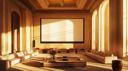 Fototapeta premium Spacious, sunlit interior living area with large screen.