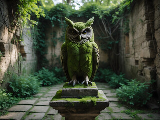 Enchanted Garden: An owl statue, entirely adorned with lush green moss, stands majestically in a serene, overgrown garden setting. Evoking a sense of timeless charm.
