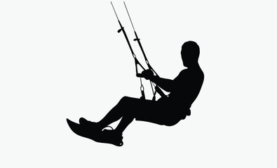 kitesurfing silhouette vector, athlete with kite, dynamic surf posture, black white kitesurfer, harness sport pose