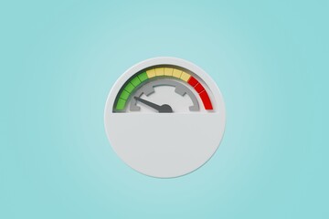 3d Speedometer icon. Minimal Status Speedometer with arrow scale gauge. Green, Yellow, Orange, Red Status color or low, medium, high arrow scale performance status icon. Credit rating score. 3d render
