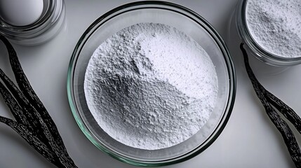 Fototapeta premium Powdered ingredients in glass bowl with vanilla beans