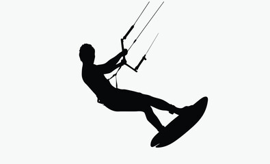 kitesurfing silhouette vector, athlete with kite, dynamic surf posture, black white kitesurfer, harness sport pose