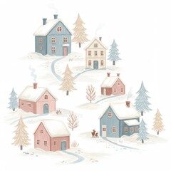 Fototapeta premium Charming Winter Village Illustration Pastel Houses Snow