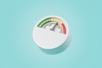 3d Speedometer icon. Minimal Status Speedometer with arrow scale gauge. Green, Yellow, Orange, Red Status color or low, medium, high arrow scale performance status icon. Credit rating score. 3d render