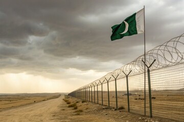 Tense border between Pakistan and India marked by a flag and barbed wire along the stark landscape Pakistan vs India Conflict background
