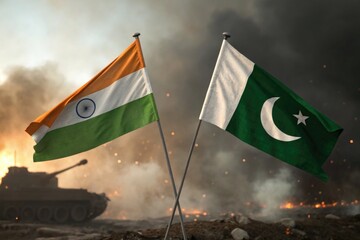 Two flags, one of India and the other of Pakistan, are prominently displayed amidst a smoky battlefield