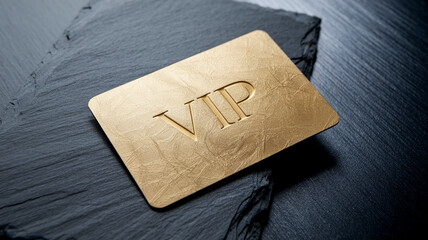 Gold VIP card on dark slate, textured surface, showcasing exclusivity and premium status, ideal for luxury branding or advertisement