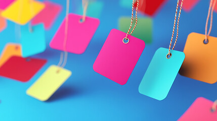 19. A group of bright sale tags with diverse discounts, flying in different directions, conveying a dynamic sale event. (3)