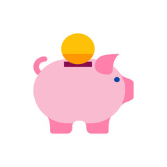 Illustration of a pink piggy bank with a yellow coin being inserted into the slot on its back side